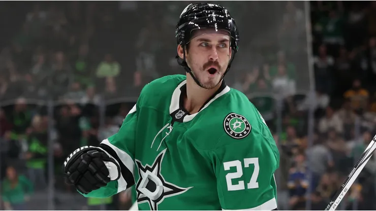 Mason Marchment #27 of the Dallas Stars celebrates after scoring a goal during the third period against the Boston Bruins at American Airlines Center on November 14, 2024 in Dallas, Texas.