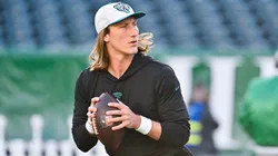 Jacksonville Jaguars quarterback Trevor Lawrence (16) warms up before a game against the Philadelphia Eagles in Philadelphia, Pennsylvania.