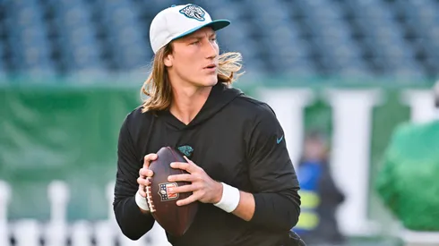 Jacksonville Jaguars quarterback Trevor Lawrence (16) warms up before a game against the Philadelphia Eagles in Philadelphia, Pennsylvania.