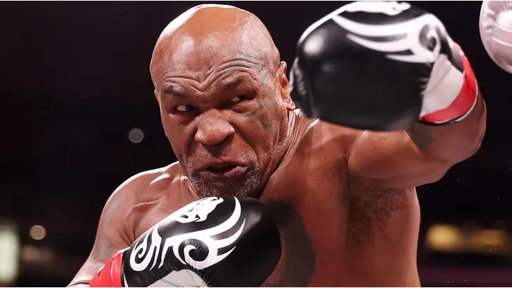 Mike Tyson in action against Jake Paul during LIVE On Netflix: Jake Paul vs. Mike Tyson at AT&T Stadium on November 15, 2024 in Arlington, Texas.