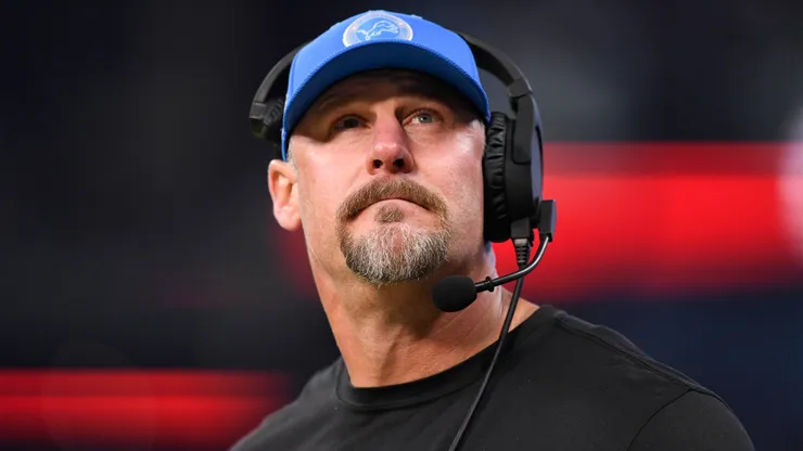 Detroit Lions Head Coach Dan Campbell looks on during the NFL, American Football Herren, USA football game between the Detroit Lions and the Indianapolis Colts on November 24, 2024, at Lucas Oil Stadium in Indianapolis, Indiana.