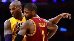 Kobe Bryant #24 of the Los Angeles Lakers gueards Kyrie Irving #2 of the Cleveland Cavaliers during a 120-108 Cavaliers win at Staples Center on March 10, 2016 in Los Angeles, California.