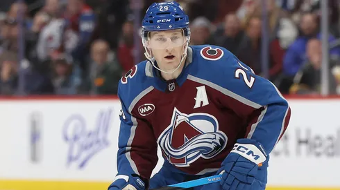 Nathan MacKinnon #29 of the Colorado Avalanche plays the Vegas Golden Knights in overtime at Ball Arena on November 27, 2024 in Denver, Colorado.