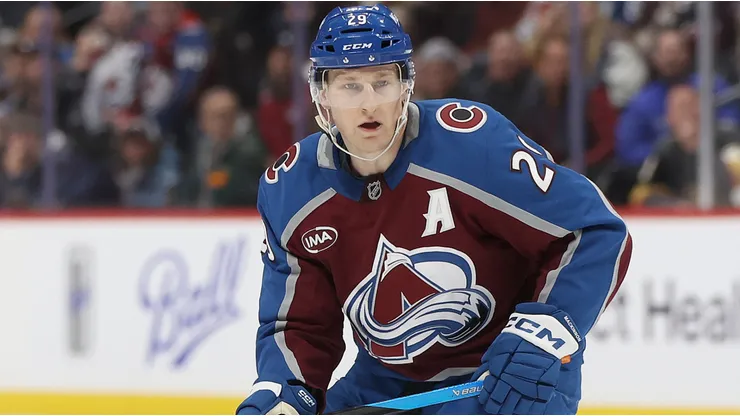 Nathan MacKinnon #29 of the Colorado Avalanche plays the Vegas Golden Knights in overtime at Ball Arena on November 27, 2024 in Denver, Colorado.
