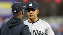 New York Yankees right fielder Juan Soto (22) before game 4 of the American League Division Series against the Kansas City Royals at Kauffman Stadium.