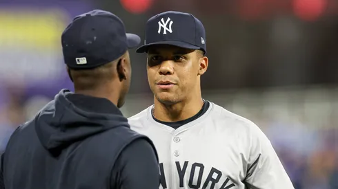 New York Yankees right fielder Juan Soto (22) before game 4 of the American League Division Series against the Kansas City Royals at Kauffman Stadium.