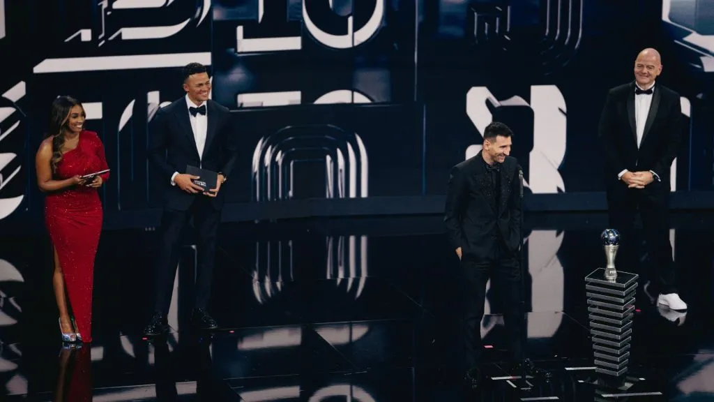 An award accepted by Lionel Messi on stage during the Best FIFA Football Awards in Paris