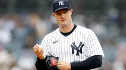 Gerrit Cole #45 of the New York Yankees looks on during the third inning against the Philadelphia Phillies at Yankee Stadium on April 05, 2023.