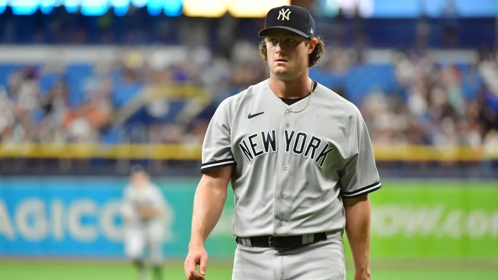 Gerrit Cole #45 of the New York Yankees walks off the field after the second inning against the Tampa Bay Rays at Tropicana Field on July 29, 2021. (Source: Julio Aguilar/Getty Images)