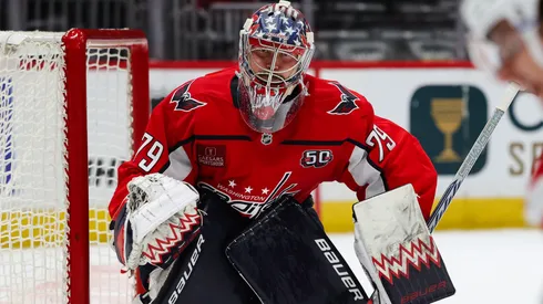 Charlie Lindgren #79 of the Washington Capitals tends net against the Montreal Canadiens during the third period of the game at Capital One Arena on October 31, 2024 in Washington, DC.