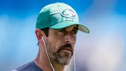 New York Jets quarterback Aaron Rodgers (8) walks around during warm ups before the NFL matchup between the Carolina Panthers and the New York Jets in Charlotte, NC.