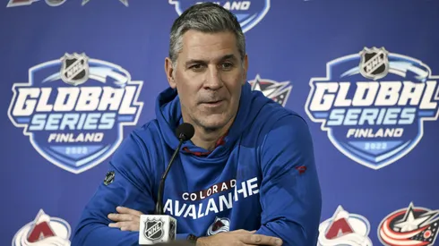 Head coach Jared Bednar of the NHL, Avalanche is seen during a press conference.