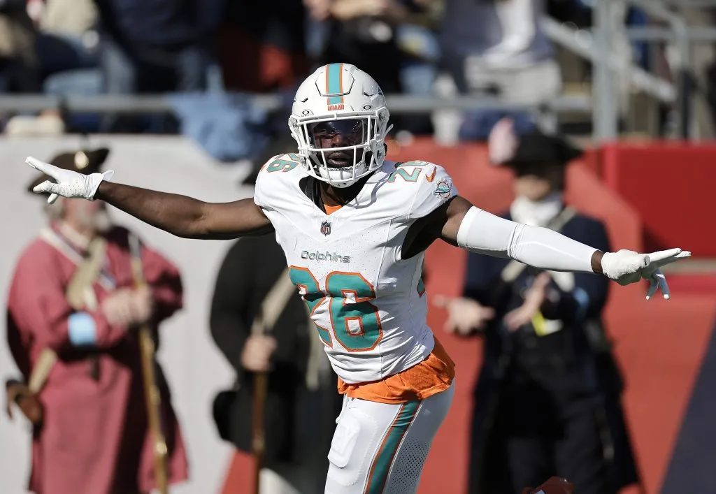 FOXBOROUGH, MASSACHUSETTS – OCTOBER 06: 
Marcus Maye #26 of the Miami Dolphins reacts during the second half against the New England Patriots at Gillette Stadium on October 06, 2024 in Foxborough, Massachusetts. (Photo by Adam Hunger/Getty Images)