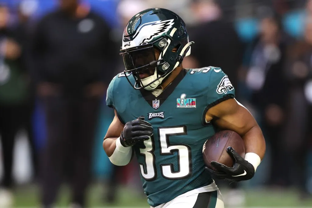 GLENDALE, ARIZONA – FEBRUARY 12: Boston Scott #35 of the Philadelphia Eagles warms up prior to playing the Kansas City Chiefs in Super Bowl LVII at State Farm Stadium on February 12, 2023 in Glendale, Arizona. (Photo by Gregory Shamus/Getty Images)