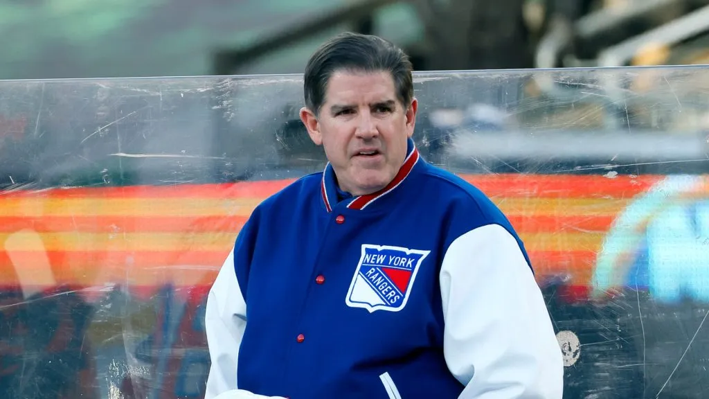 Head coach Peter Laviolette of the New York Rangers looks on against the New York Islanders during the first period during the 2024 Navy Federal Credit Union Stadium Series at MetLife Stadium on February 18, 2024 in East Rutherford, New Jersey.