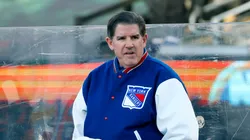 Head coach Peter Laviolette of the New York Rangers looks on against the New York Islanders during the first period during the 2024 Navy Federal Credit Union Stadium Series at MetLife Stadium on February 18, 2024 in East Rutherford, New Jersey.
