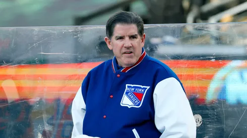 Head coach Peter Laviolette of the New York Rangers looks on against the New York Islanders during the first period during the 2024 Navy Federal Credit Union Stadium Series at MetLife Stadium on February 18, 2024 in East Rutherford, New Jersey.