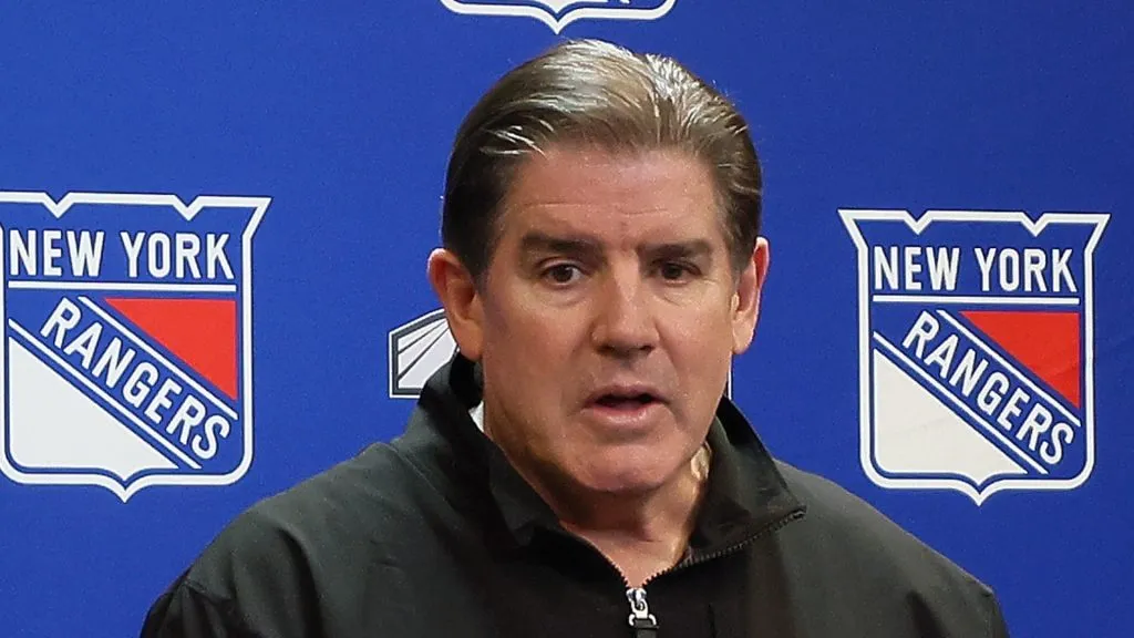 Head coach Peter Laviolette of the New York Rangers speaks with the media at Madison Square Garden in New York City.