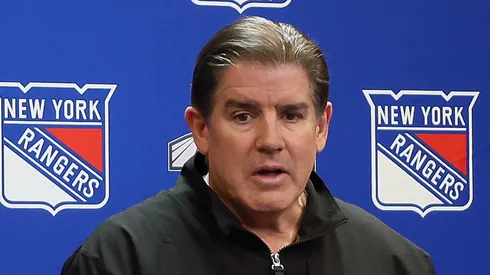 Head coach Peter Laviolette of the New York Rangers speaks with the media at Madison Square Garden in New York City.