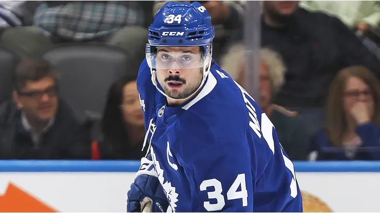 Auston Matthews #34 of the Toronto Maple Leafs skates against the Seattle Kraken during the Third period in an NHL game at Scotiabank Arena on October 31, 2024 in Toronto, Ontario, Canada.