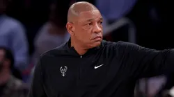 Head coach Doc Rivers of the Milwaukee Bucks directs his players in the first half against the New York Knicks at Madison Square Garden on November 08, 2024 in New York City.