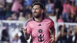 Lionel Messi #10 of Inter Miami celebrates scoring his third goal during the second half against the New England