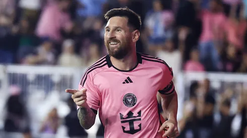 Lionel Messi #10 of Inter Miami celebrates scoring his third goal during the second half against the New England
