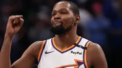 Kevin Durant #35 of the Phoenix Suns reacts after defeating the Dallas Mavericks at American Airlines Center on November 08, 2024 in Dallas, Texas.