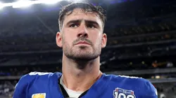 Daniel Jones #8 of the New York Giants reacts on the field to being defeated by the Dallas Cowboys after the game at MetLife Stadium on September 26, 2024 in East Rutherford, New Jersey.