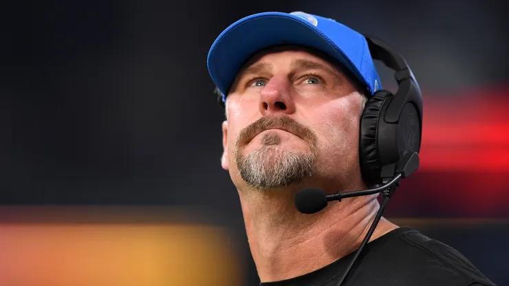 Detroit Lions Head Coach Dan Campbell looks on during the NFL, American Football Herren, USA football game between the Detroit Lions and the Indianapolis Colts on November 24, 2024, at Lucas Oil Stadium in Indianapolis, Indiana.