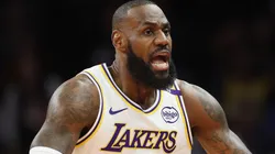 LeBron James #23 of the Los Angeles Lakers reacts during the first half of the Emirates NBA Cup game against the Phoenix Sunsat Footprint Center on November 26, 2024 in Phoenix, Arizona.