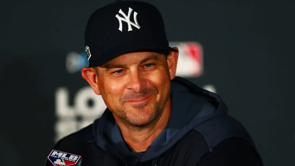 New York Yankees manager Aaron Boone speaks with members of the media during a press conference ahead of the MLB London Series games between Boston Red Sox and New York Yankees at London Stadium on June 28, 2019. (Source: Dan Istitene/Getty Images)