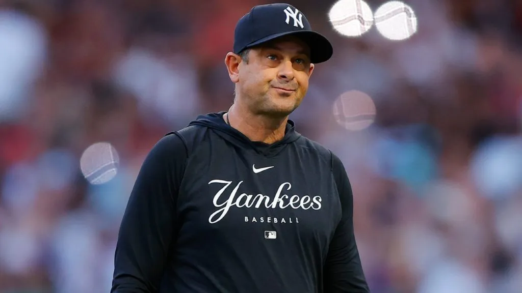 Manager Aaron Boone of the New York Yankees makes a pitching change during the fourth inning against the Atlanta Braves at Truist Park on August 16, 2023. (Source: Todd Kirkland/Getty Images)