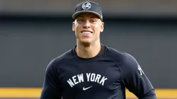 New York Yankees outfielder Aaron Judge (99) during warmups before the game between the Milwaukee Brewers and the New York Yankees in 2024.