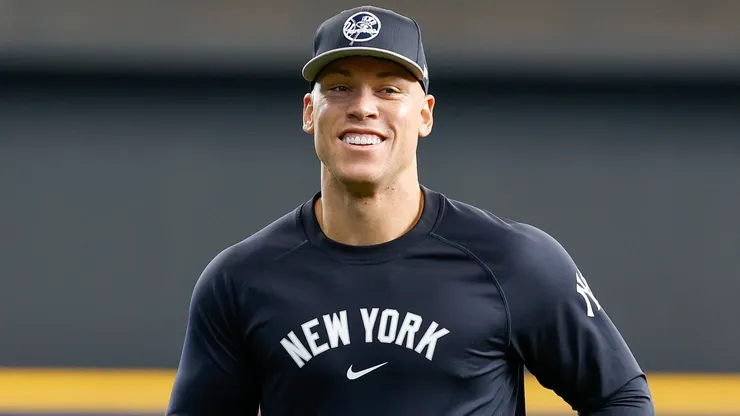 New York Yankees outfielder Aaron Judge (99) during warmups before the game between the Milwaukee Brewers and the New York Yankees in 2024.