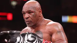 Mike Tyson in action against Jake Paul during LIVE On Netflix: Jake Paul vs. Mike Tyson at AT&T Stadium on November 15, 2024 in Arlington, Texas.