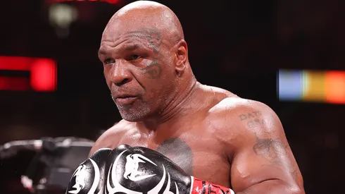 Mike Tyson in action against Jake Paul during LIVE On Netflix: Jake Paul vs. Mike Tyson at AT&T Stadium on November 15, 2024 in Arlington, Texas.
