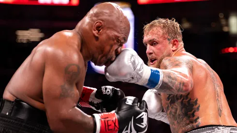 Jake Paul punches Mike Tyson during LIVE On Netflix: Jake Paul vs. Mike Tyson at AT&T Stadium on November 15, 2024 in Arlington, Texas.