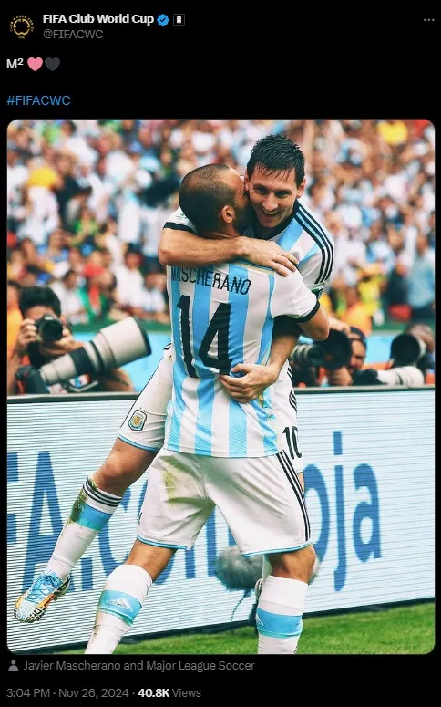 FIFA shared a post following Mascherano's arrival to Messi's Inter Miami as head coach.