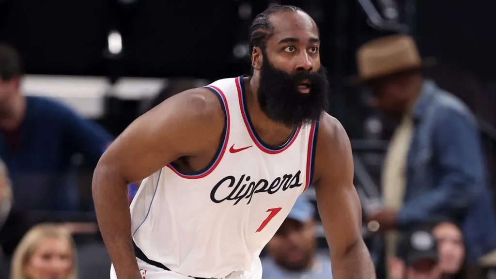 James Harden #1 of the LA Clippers dribbles up court during the first half of a game against the Toronto Raptors at Intuit Dome