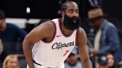 James Harden #1 of the LA Clippers dribbles up court during the first half of a game against the Toronto Raptors at Intuit Dome