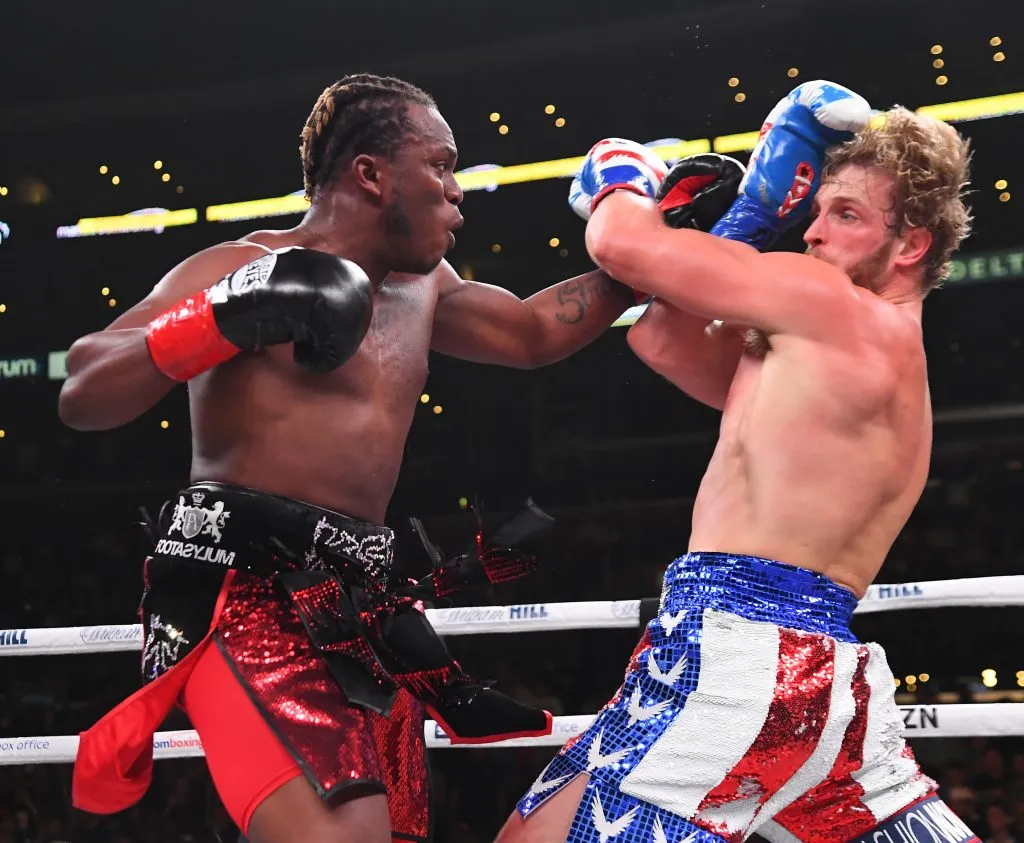 LOS ANGELES, CA – NOVEMBER 09: Logan Paul (red/white/blue shorts) and KSI (black/red shorts) exchange punches during their pro debut fight at Staples Center on November 9, 2019 in Los Angeles, California. KSI won by decision. (Photo by Jayne Kamin-Oncea/Getty Images)