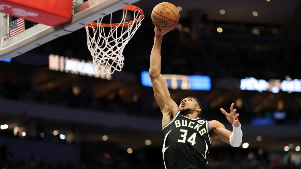 Giannis Antetokounmpo #34 of the Milwaukee Bucks dunks against the Indiana Pacers during a game in the NBA Emirates Cup at Fiserv Forum. (Stacy Revere/Getty Images)