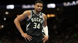 Giannis Antetokounmpo #34 of the Milwaukee Bucks walks to the bench during a game against the Indiana Pacers in the NBA Emirates Cup at Fiserv Forum