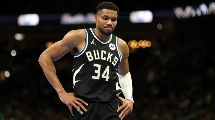 Giannis Antetokounmpo #34 of the Milwaukee Bucks walks to the bench during a game against the Indiana Pacers in the NBA Emirates Cup at Fiserv Forum
