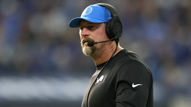 Head coach Dan Campbell of the Detroit Lions looks on during the third quarter against the Indianapolis Colts at Lucas Oil Stadium on November 24, 2024 in Indianapolis, Indiana.