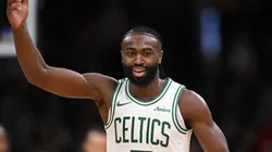 Jaylen Brown #7 of the Boston Celtics reacts after making a three-point basket against the Minnesota Timberwolves during the fourth quarter at the TD Garden