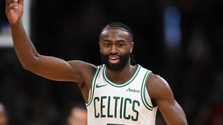 Jaylen Brown #7 of the Boston Celtics reacts after making a three-point basket against the Minnesota Timberwolves during the fourth quarter at the TD Garden