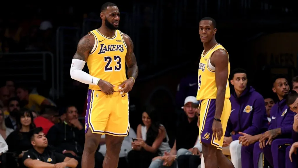 LeBron James #23 and Rajon Rondo #9 of the Los Angeles Lakers react during a 124-115 loss to the Houston Rockets at Staples Center on October 20, 2018 in Los Angeles, California. 
