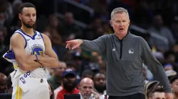 Head coach Steve Kerr of the Golden State Warriors (R) and Stephen Curry #30 of the Golden State Warriors look on against the Washington Wizards during the first half at Capital One Arena